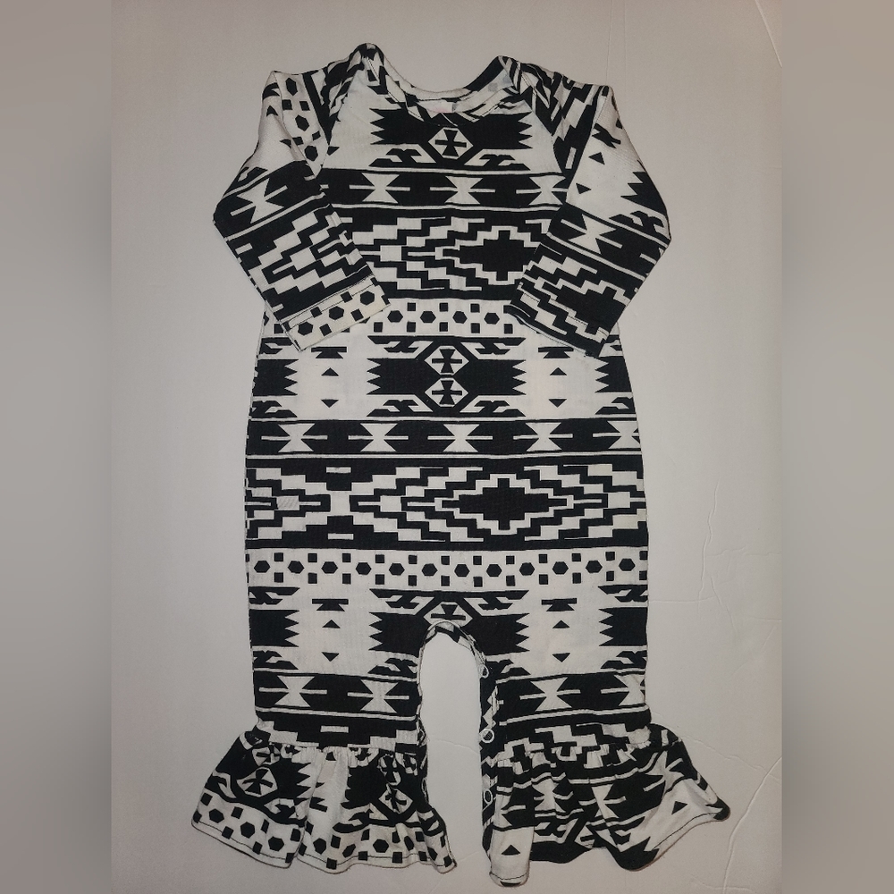 Ricrac & Ruffles Aztec long sleeve ruffle romper 6/9 months